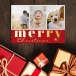 Frohe Weihnachten drei Foto Collage Red White Folien Feiertagskarte<br><div class="desc">Elegante, moderne Weihnachts-Echtgoldfolie-Urlaubskarte mit drei Foto-Collage und einem Holiday-Gruß in Gold auf dem roten Hintergrund: Frohe Weihnachten, in einer Mischung aus klassischer Typografie und schicker, moderner Handschrift. Die Rückseite der Karte enthält Ihre individuelle Weihnachtsmeldung mit Ihrem Nachnamen und Jahr in rot auf einem knusprigen weißen Hintergrund. Passen Sie diese einzigartige...</div>