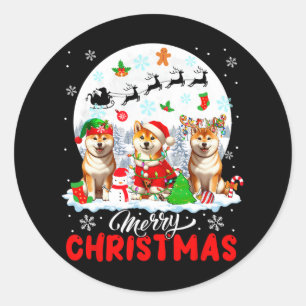 Frohe Weihnachten Drei Santa Elf Reindeer Shiba In Runder Aufkleber