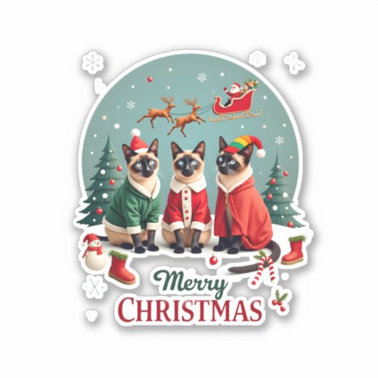 Frohe Weihnachten Drei Santa Elf Reindeer Siamese Aufkleber (Vorderseite)