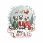 Frohe Weihnachten Drei Santa Elf Reindeer Siamese Aufkleber (Vorderseite)