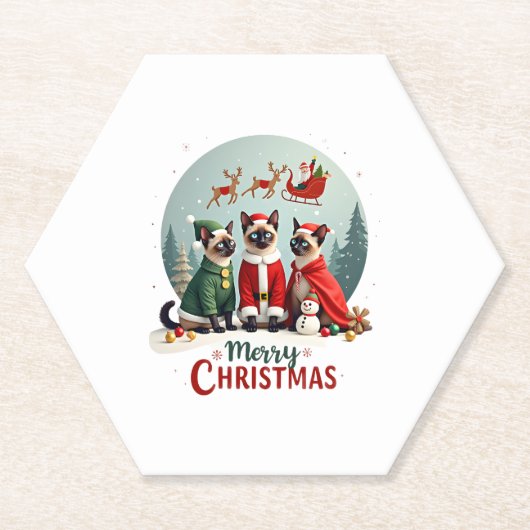 Frohe Weihnachten Drei Santa Elf Reindeer Siamese  Untersetzer (Vorderseite)