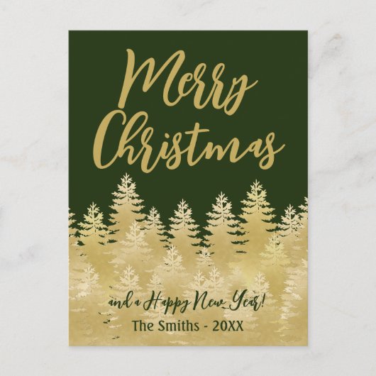 Frohe Weihnachten Dunkelgrüne goldene Pine Trees F Postkarte (Vorderseite)