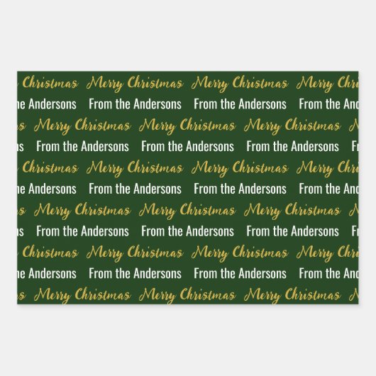 Frohe Weihnachten dunkelgrüne goldene Schriftzeich Geschenkpapier Set (Vorderseite)