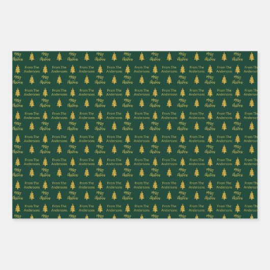 Frohe Weihnachten dunkelgrüne und goldene Namen Bä Geschenkpapier Set (Vorderseite)