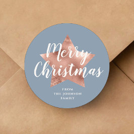 Frohe Weihnachten Dusty Blue Rose Gold Star Runder Aufkleber