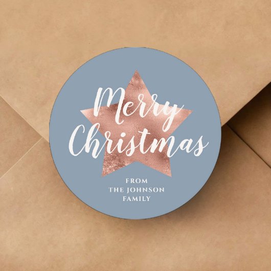 Frohe Weihnachten Dusty Blue Rose Gold Star Runder Aufkleber