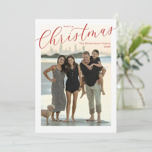 Frohe Weihnachten einfache Skript moderne Fotokart Einladung (Stehend Vorderseite)