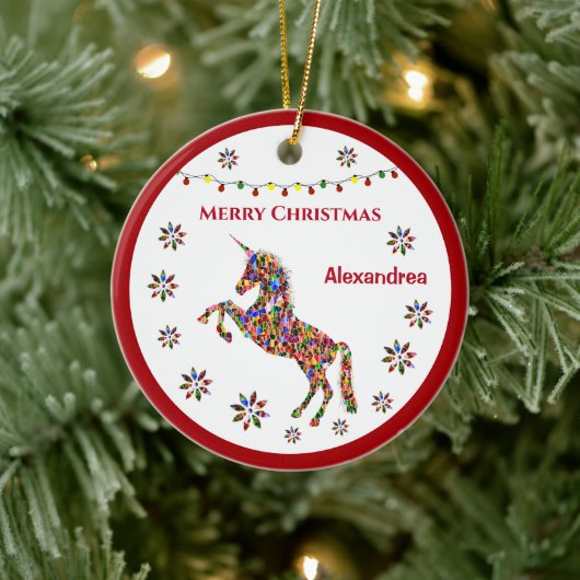 Frohe Weihnachten Einhorn Glitzer Personalize Keramik Ornament (Baum)