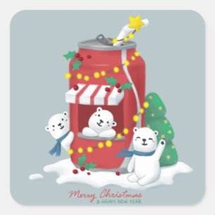 Frohe Weihnachten: Eisbär & Soda Can Quadratischer Aufkleber