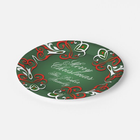 Frohe Weihnachten Elegant Barock Rot Grün & Weiß Pappteller (Schrägansicht)