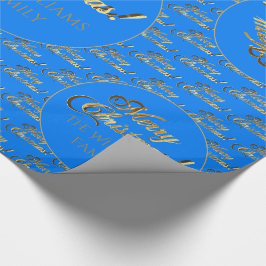 Frohe Weihnachten Elegant Cerulean Blue Gold Scrip Geschenkpapier (Ecke)