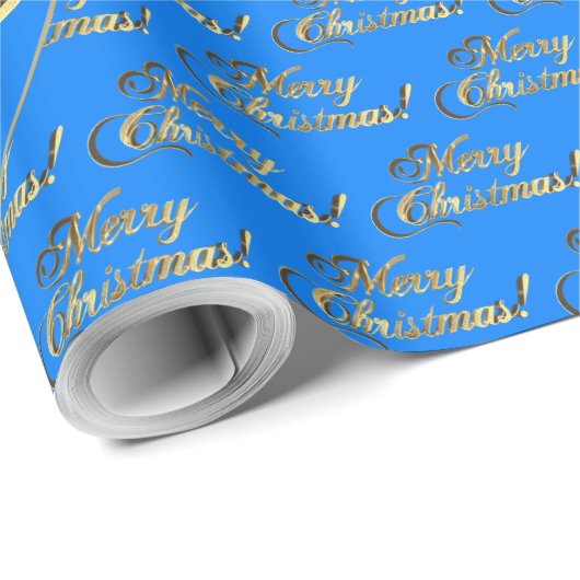 Frohe Weihnachten Elegant Cerulean Blue Gold Scrip Geschenkpapier (Rolleneckpunkt)