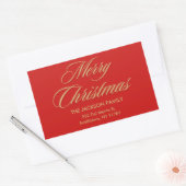 Frohe Weihnachten Elegant Gold Script Red Holiday Rechteckiger Aufkleber (Umschlag)