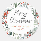 Frohe Weihnachten Elegant Holly & Pine Holiday Runder Aufkleber (Vorderseite)