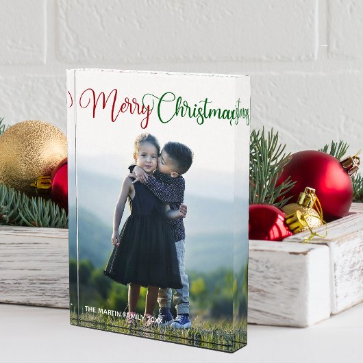Frohe Weihnachten Elegant Red Green Script Familie Fotoblock