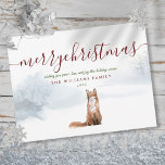 Frohe Weihnachten Elegant Script Winter Fox Postkarte<br><div class="desc">Personalisieren Sie Ihren Namen auf dieser schicken Urlaubspostkarte mit Fuchs auf einem Waldhintergrund im Winter. Entwickelt von Thisisnotme©</div>