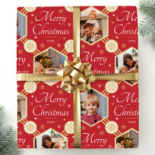 Frohe Weihnachten Elegant Snowflake Foto Red Gold Geschenkpapier
