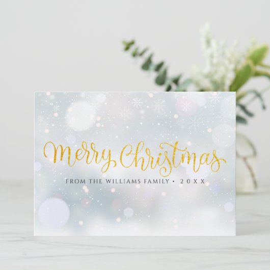Frohe Weihnachten Elegante Gold Script Snowflakes (Stehend Vorderseite)
