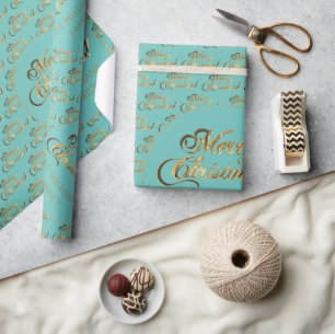 Frohe Weihnachten Elegante Imitate Gold Script Aqu Geschenkpapier