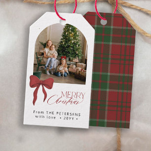 Frohe Weihnachten elegante rote Schleife Foto Feie Geschenkanhänger