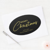 Frohe Weihnachten Elegante Schwarz-Gold-Script Ovaler Aufkleber (Umschlag)