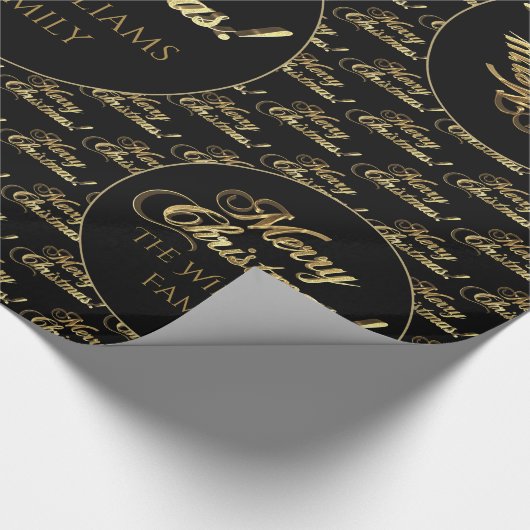 Frohe Weihnachten Elegante Schwarz und Gold Script Geschenkpapier (Ecke)