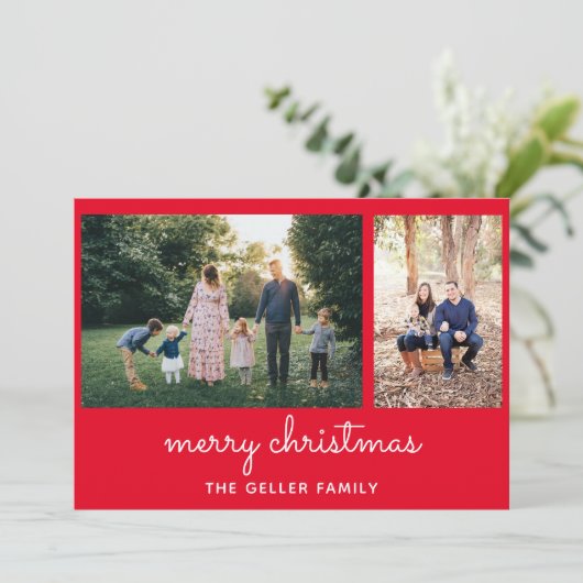 Frohe Weihnachten Elegante Script Double Foto (Stehend Vorderseite)