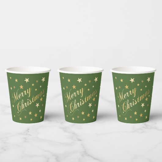 Frohe Weihnachten Elegante Script Gold Stars Green Pappbecher (Multi)