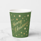 Frohe Weihnachten Elegante Script Gold Stars Green Pappbecher (Vorderseite)