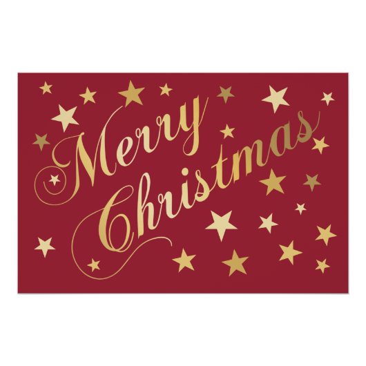 Frohe Weihnachten Elegante Script Gold Stars Red Poster (Vorderseite)