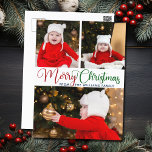 Frohe Weihnachten Elegante Typografie 3 Foto Niedl Postkarte<br><div class="desc">Elegante frohe Weihnachts-Foto-Postkarte mit wunderschönen kursiven Typografie in rot und grün. Dieses moderne Familienfoto der Postkarte bietet ein wunderschönes Drehbuch und Ihren Namen in blau über 3 Fotos.</div>