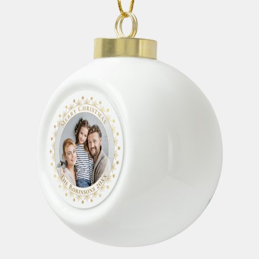 Frohe Weihnachten Elegantes Gold Snowflake Foto Keramik Kugel-Ornament (Rechts)