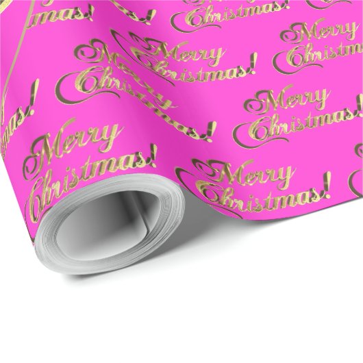 Frohe Weihnachten Elegantes Hot Pink Gold Script Geschenkpapier (Rolleneckpunkt)