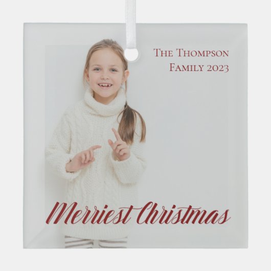 Frohe Weihnachten Elegantes Rotes Script Foto Ornament Aus Glas (Vorderseite)
