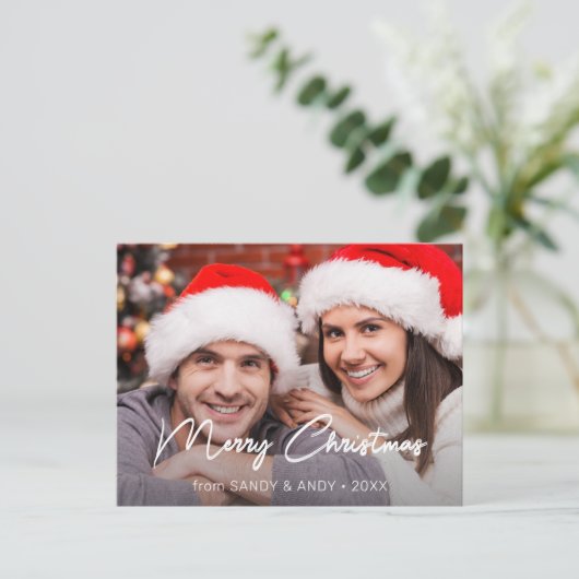 Frohe Weihnachten Elegantes Script Foto 2 Side Des (Stehend Vorderseite)