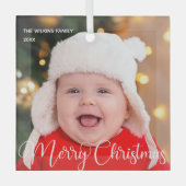 Frohe Weihnachten Elegantes White Script Baby Foto Ornament Aus Glas (Vorderseite)