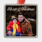 Frohe Weihnachten Elegantes White Script Foto Ornament Aus Metall (Vorne)