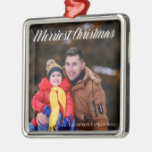 Frohe Weihnachten Elegantes White Script Foto Ornament Aus Metall (Links)