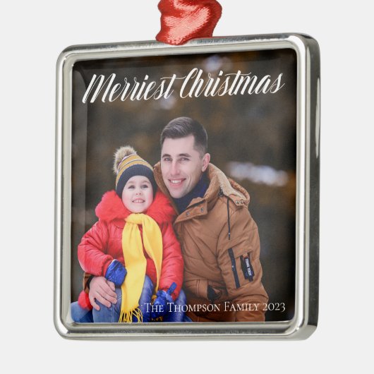 Frohe Weihnachten Elegantes White Script Foto Ornament Aus Metall (Links)