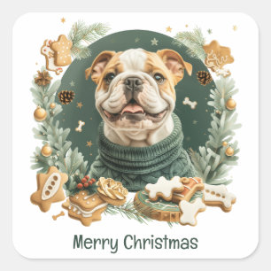 Frohe Weihnachten Englisch Bulldog Quadratischer Aufkleber