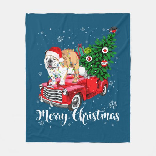 Frohe Weihnachten Englisch Bulldog Santa Red Truck Fleecedecke (Vorderseite)