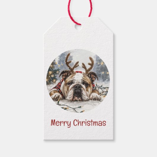 Frohe Weihnachten English Bulldog Reindeer Geschenkanhänger (Vorderseite)