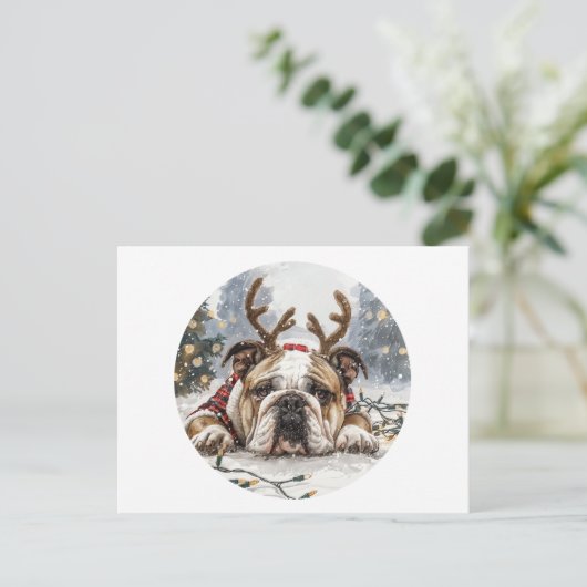 Frohe Weihnachten English Bulldog Reindeer Postkarte (Stehend Vorderseite)