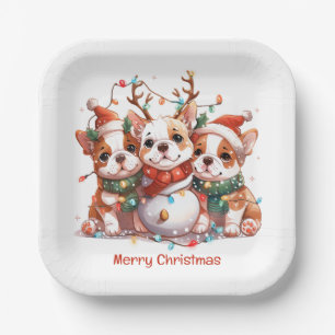 Frohe Weihnachten English Bulldog Reindeer Santa Pappteller