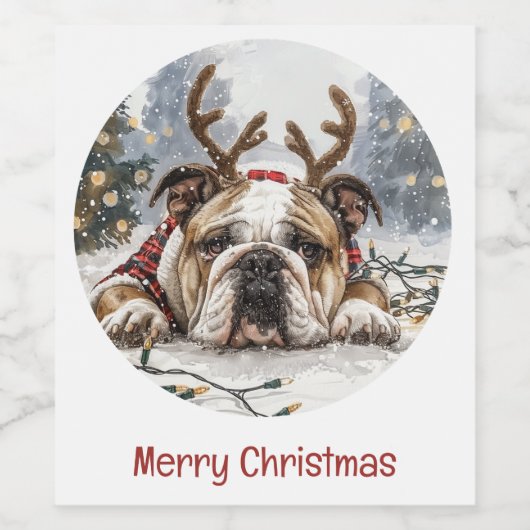 Frohe Weihnachten English Bulldog Reindeer Weinetikett (Einzelnes Label)