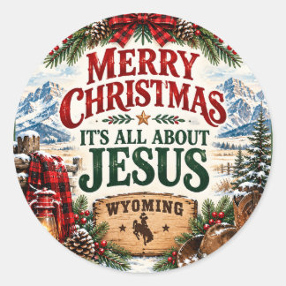 Frohe Weihnachten Es ist alles über Jesus Wyoming Runder Aufkleber
