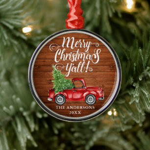Frohe Weihnachten Euch Allen Roter Holztruck Rund Ornament Aus Metall