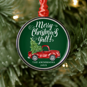 Frohe Weihnachten Euch allen Roter LKW Rund Grün Ornament Aus Metall