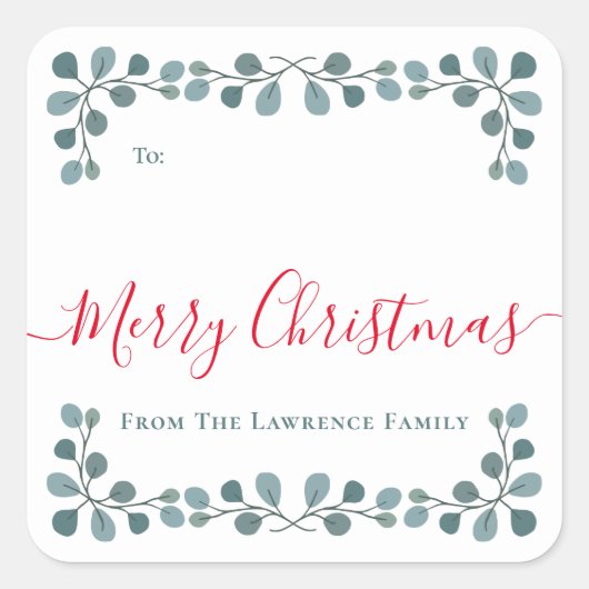 Frohe Weihnachten Eukalyptus-Blätter Weihnachtsges Quadratischer Aufkleber (Vorderseite)