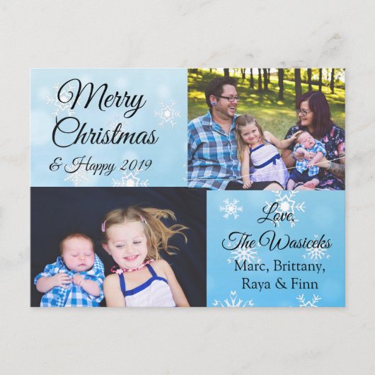 Frohe Weihnachten Familie Foto Blue Snowflakes (Vorderseite)